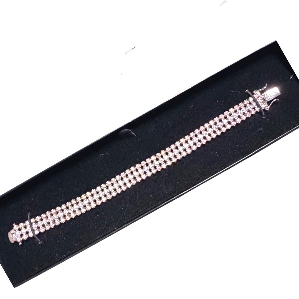 Two Tone Sterling Silver 925 Triple Row Cubic Zirconia Tennis Bracelet 7.25in